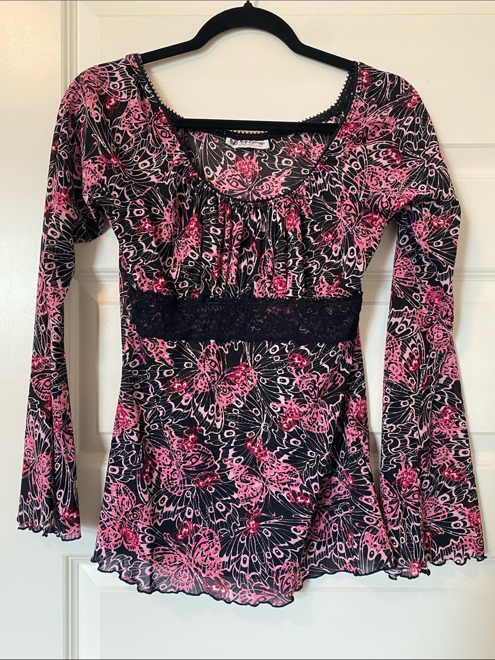 Y2K Self Esteem Black and Pink Butterfly Lace-Waist Long Sleeve Top